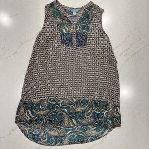 Buttons Sleeveless Pull Over‎ Tunic Geometric Paisley Boho Blouse Shirt Sz M